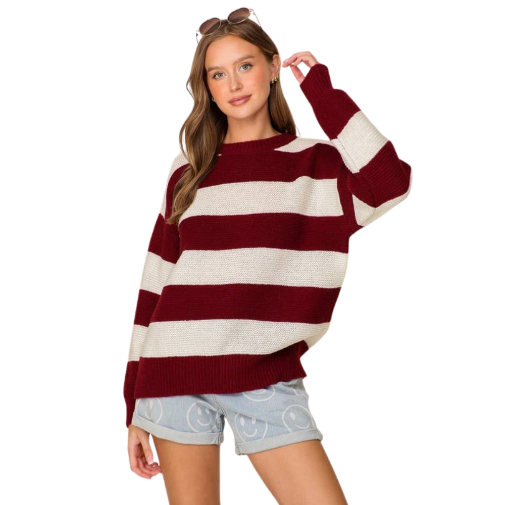 Striped Gameday Sweater - Maroon / White