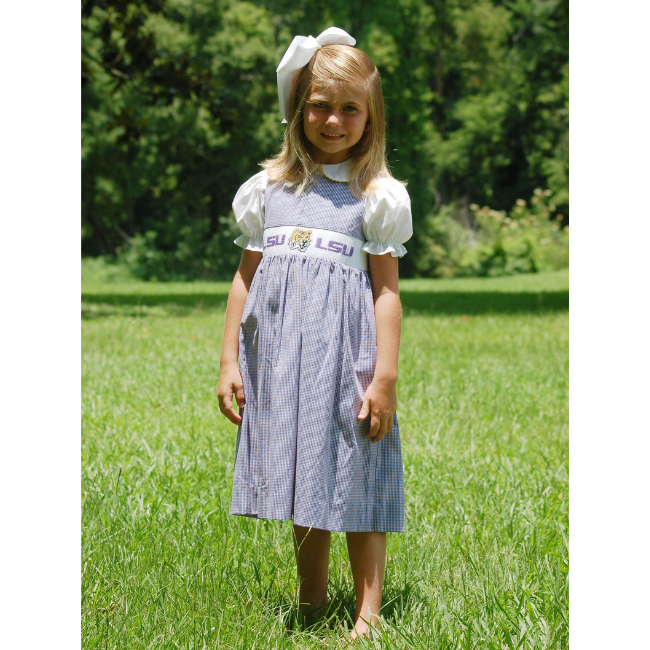 LSU Vive La Fete Collegiate Hand Smocked Gingham Jumper with Blouse