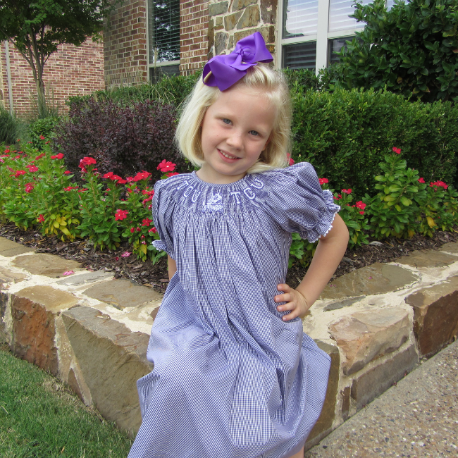 TCU Vive La Fete Collegiate Hand Smocked Gingham Bishop Dress