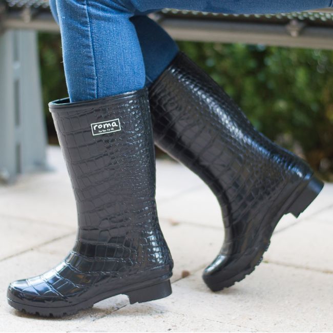Roma Emma Women’s Mid Black Croc Emboss Rain Boots